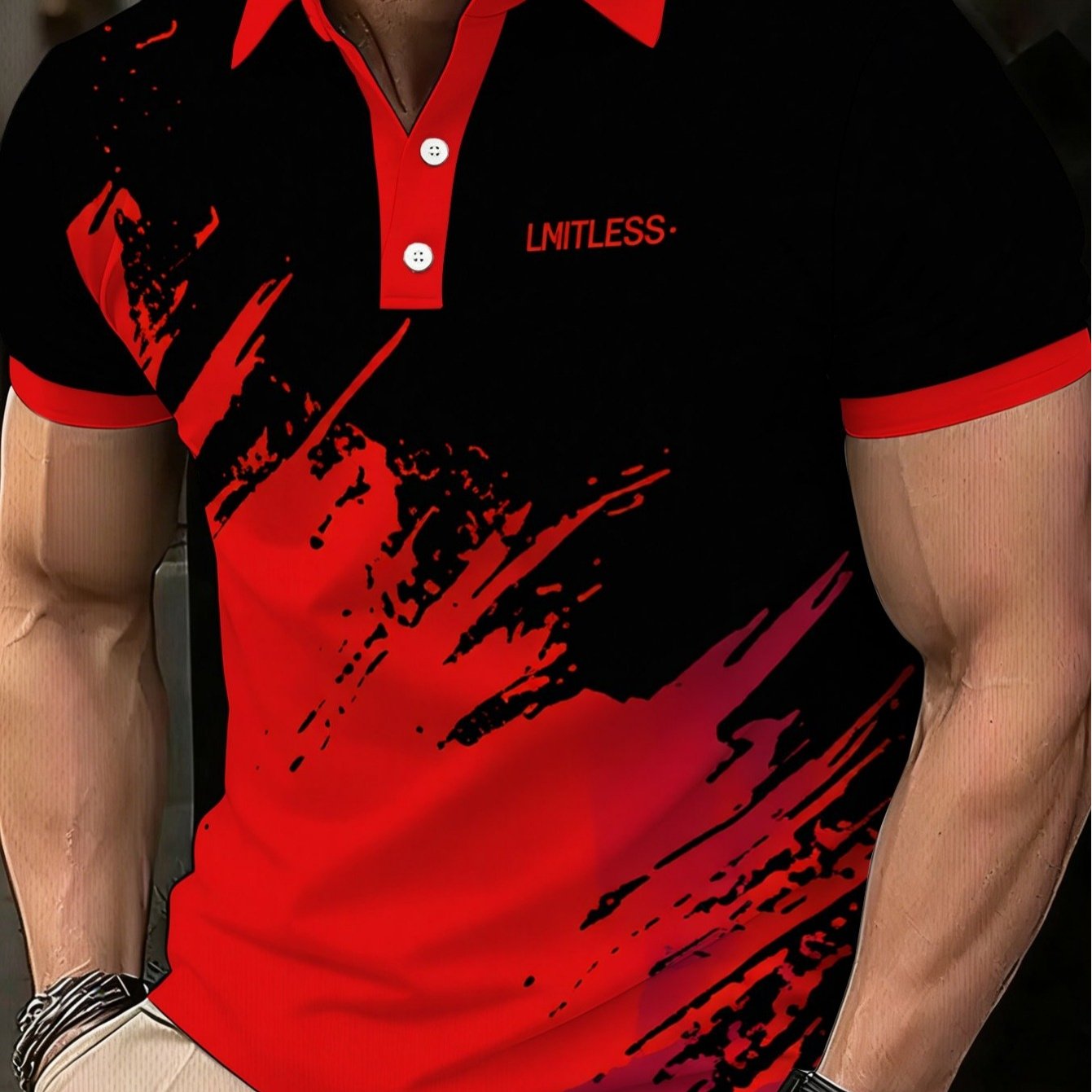 TEMU Men's Polyester Shirt With Red And Black Abstract Print, Lightweight And Durable, , , Suitable For Casual Wear In Restaurants And Offices