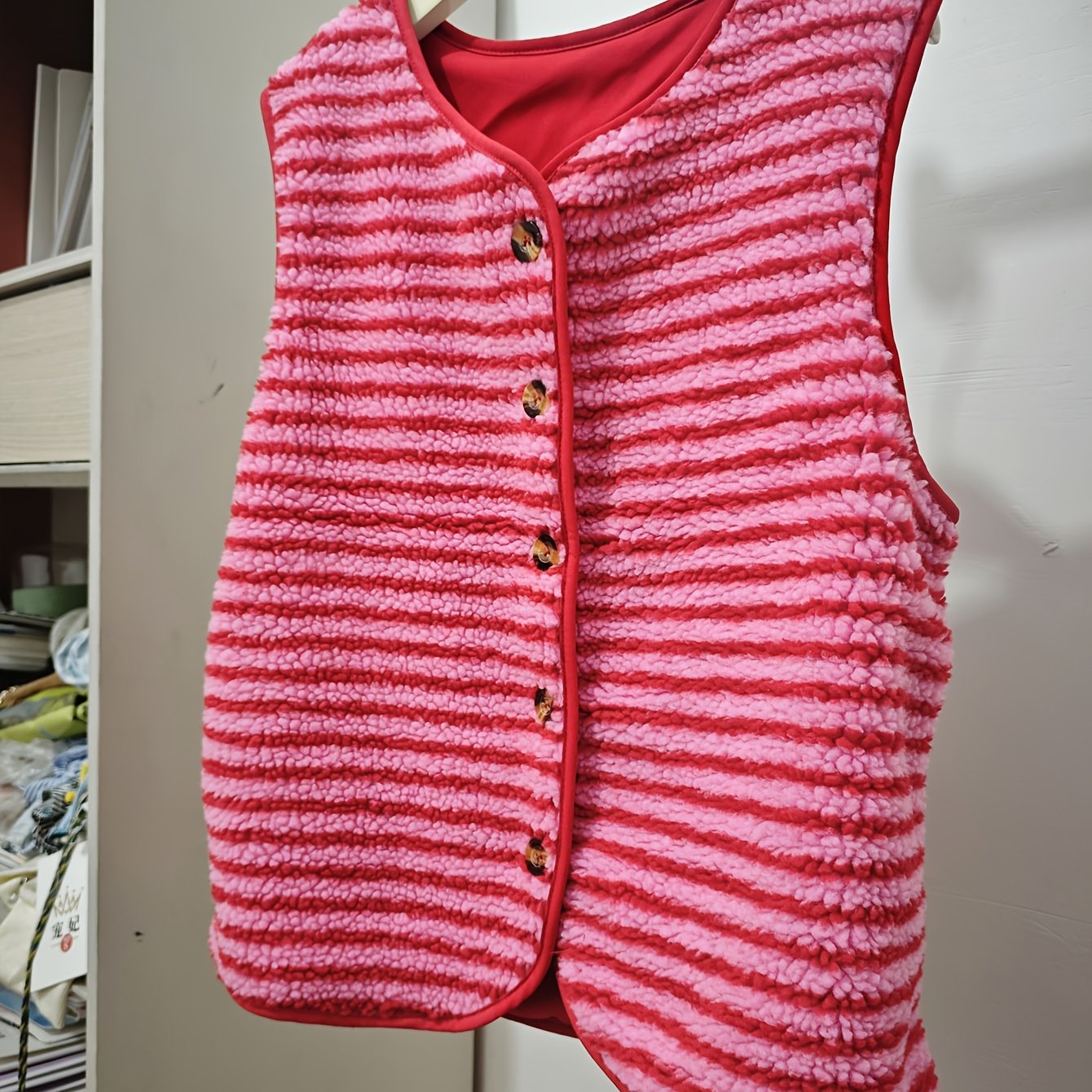 Image of Women's 2025 Autumn/winter New Christmas Halloween Daily Casual Rose Red Striped Plush Vest Coat