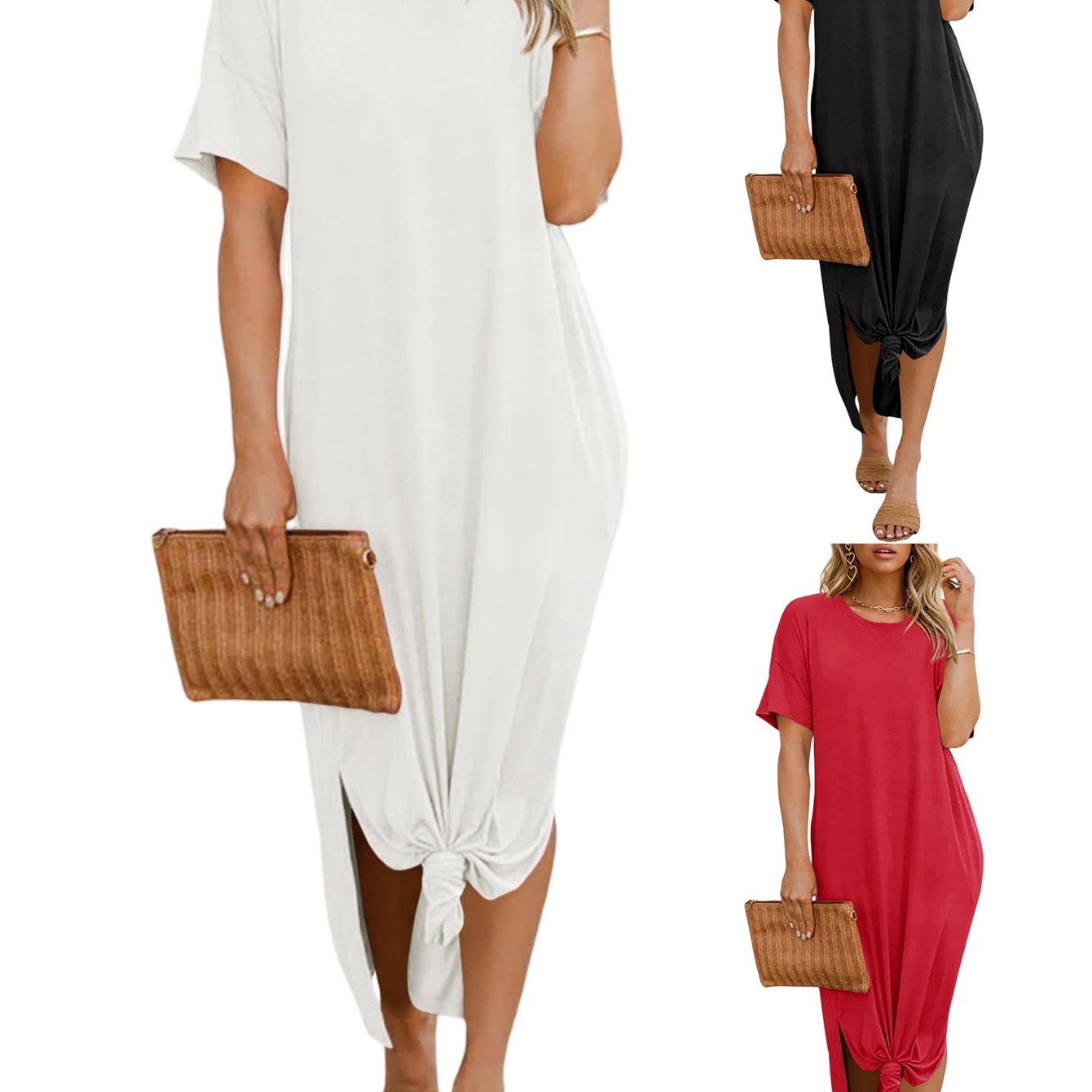 Image of Womens Summer T-shirt Dress | Casual Drop Shoulder Round Neck Maxi Dresses Loose Side Slit Midi Dress With Pockets, Solid Color, Chic Style