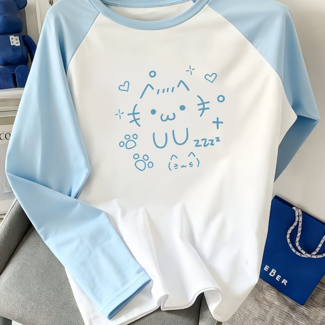 TEMU Y2k Korean-style Cat Face T-shirt - Oversized Loose Fit Long Sleeve Top With Color-block Blouse Tee, Comfortable Fabric Suitable For