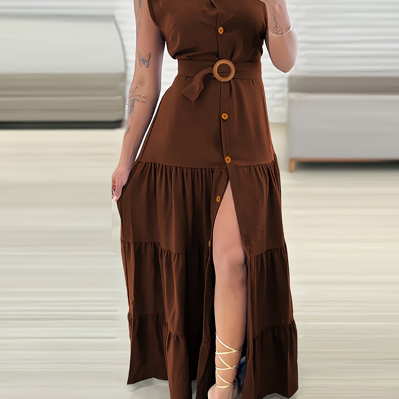 TEMU Spring-summer Women's New A-line Button Belt Design Elegant Dress