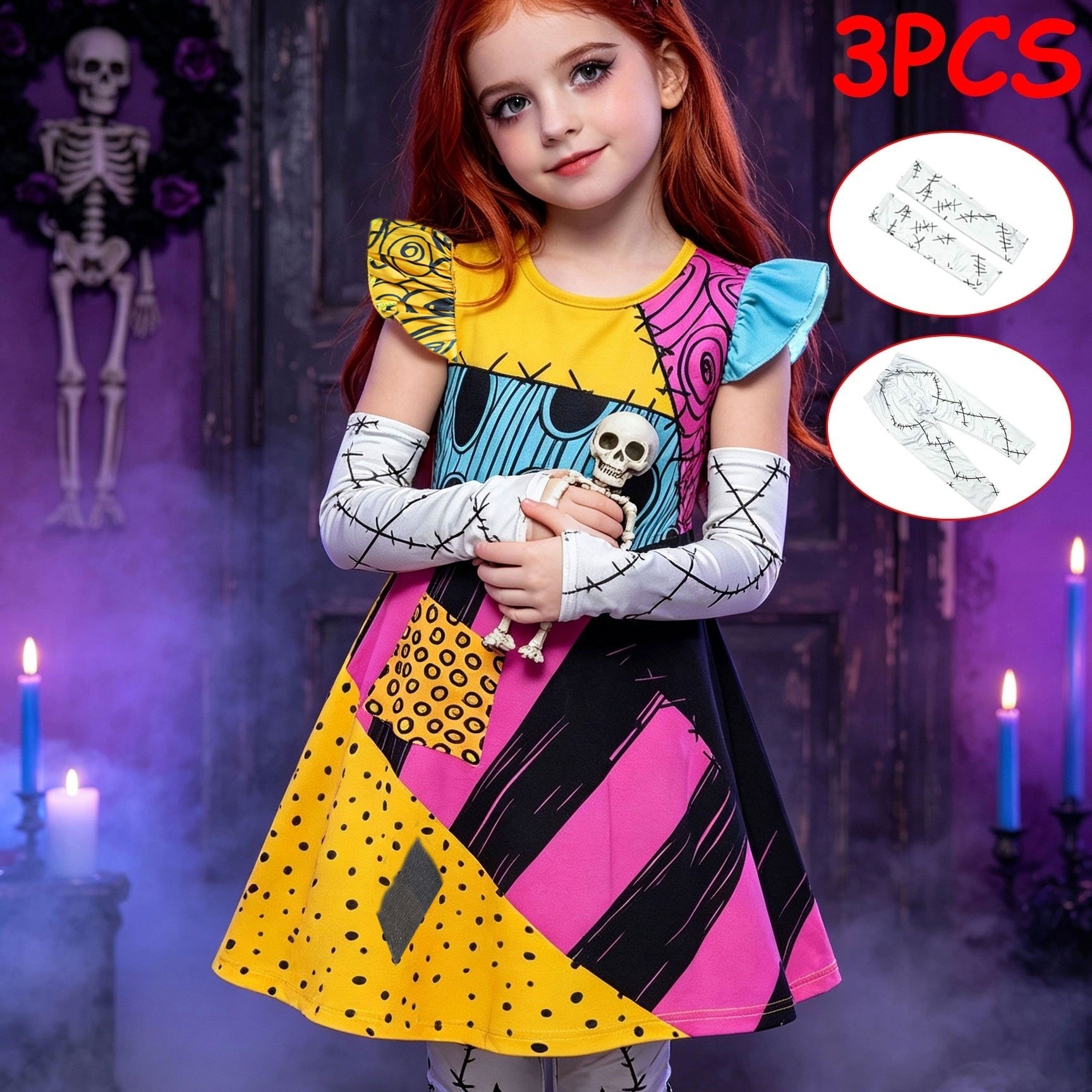 TEMU 3pcs Set: 1 Dress + 2 Accessories. This Halloween -block Geometric Dress Features A Polka Dot, Line, And With Flutter Sleeves, A Visually
