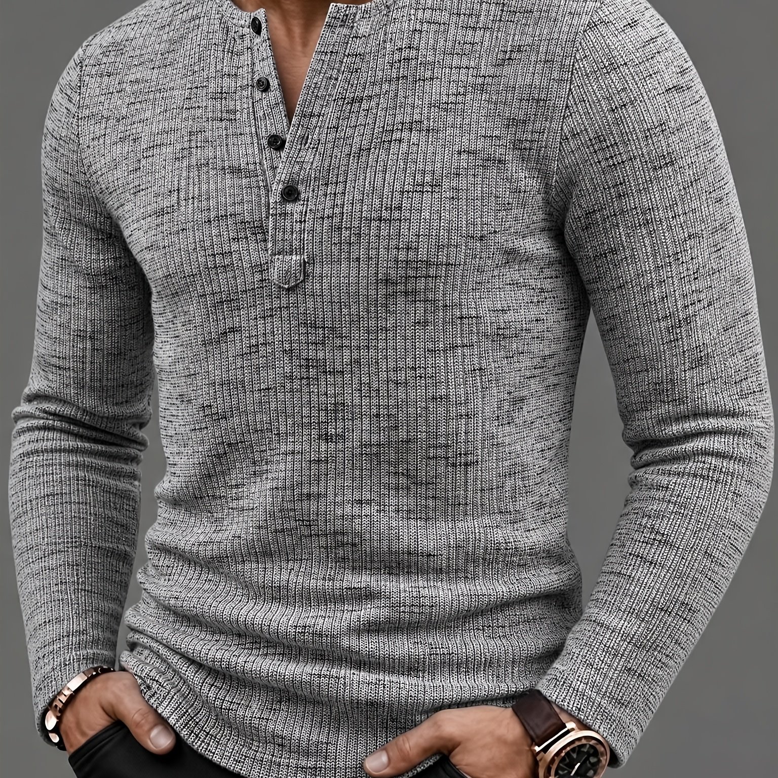 TEMU Men's Fashion Top, Autumn/winter Outdoor Casual Breathable Bamboo Rayon Knot Knit Fabric, Round Neck Single-breasted Button Long Sleeve Men's