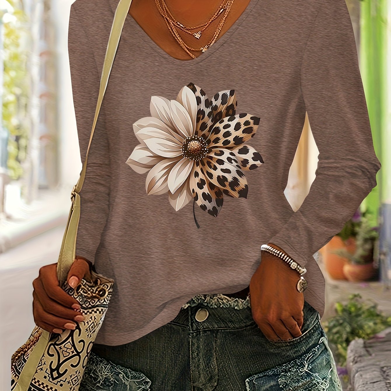 TEMU Haut Femme Imprimé Léopard et Floral, T-shirt à Manches Longues Col V Polyvalent, Mode Décontractée Quotidienne Automne/Hiver