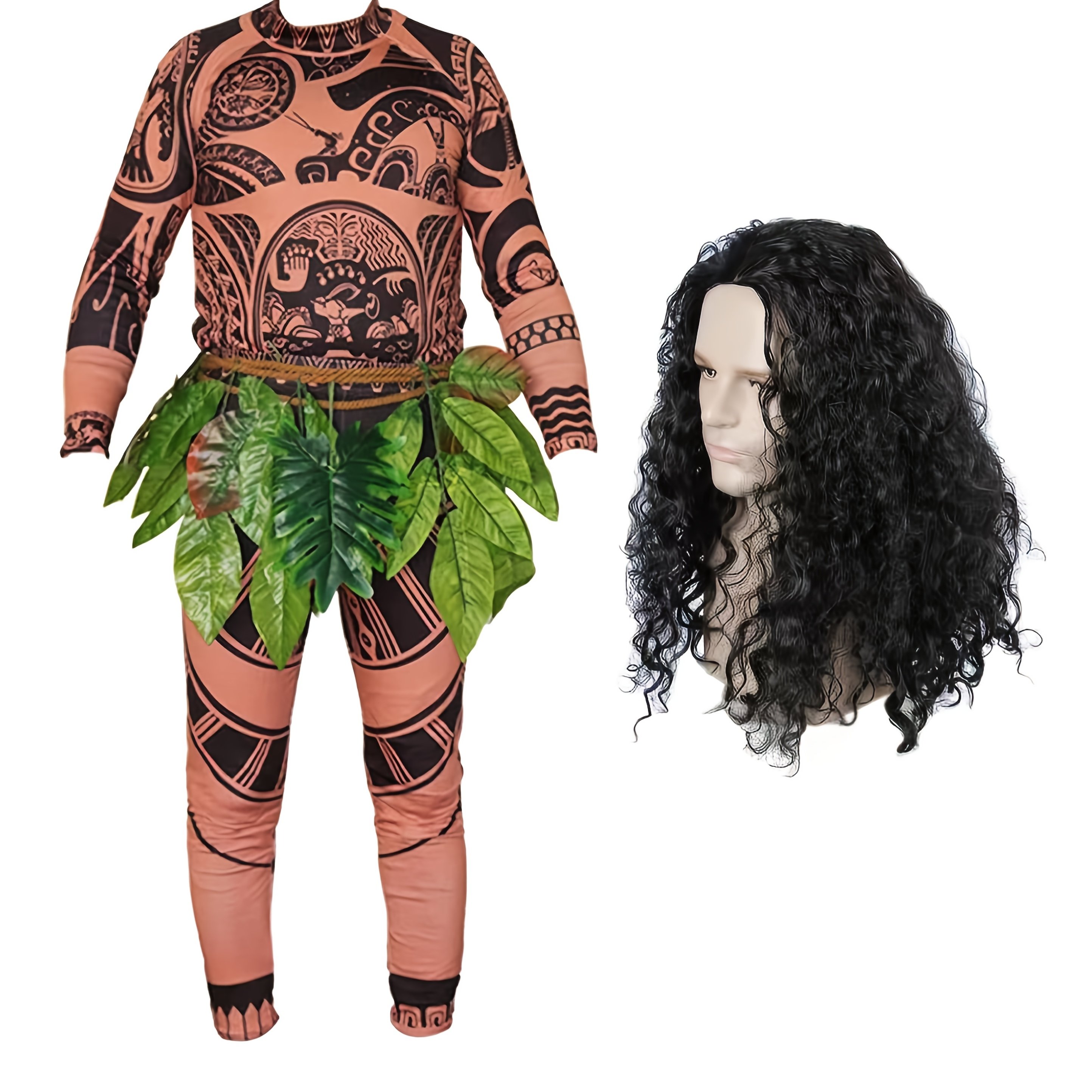 Maui Tattoo T-shirt Pants + Wig Halloween Adult Men's And Women's Role-playing Costume Wig Set