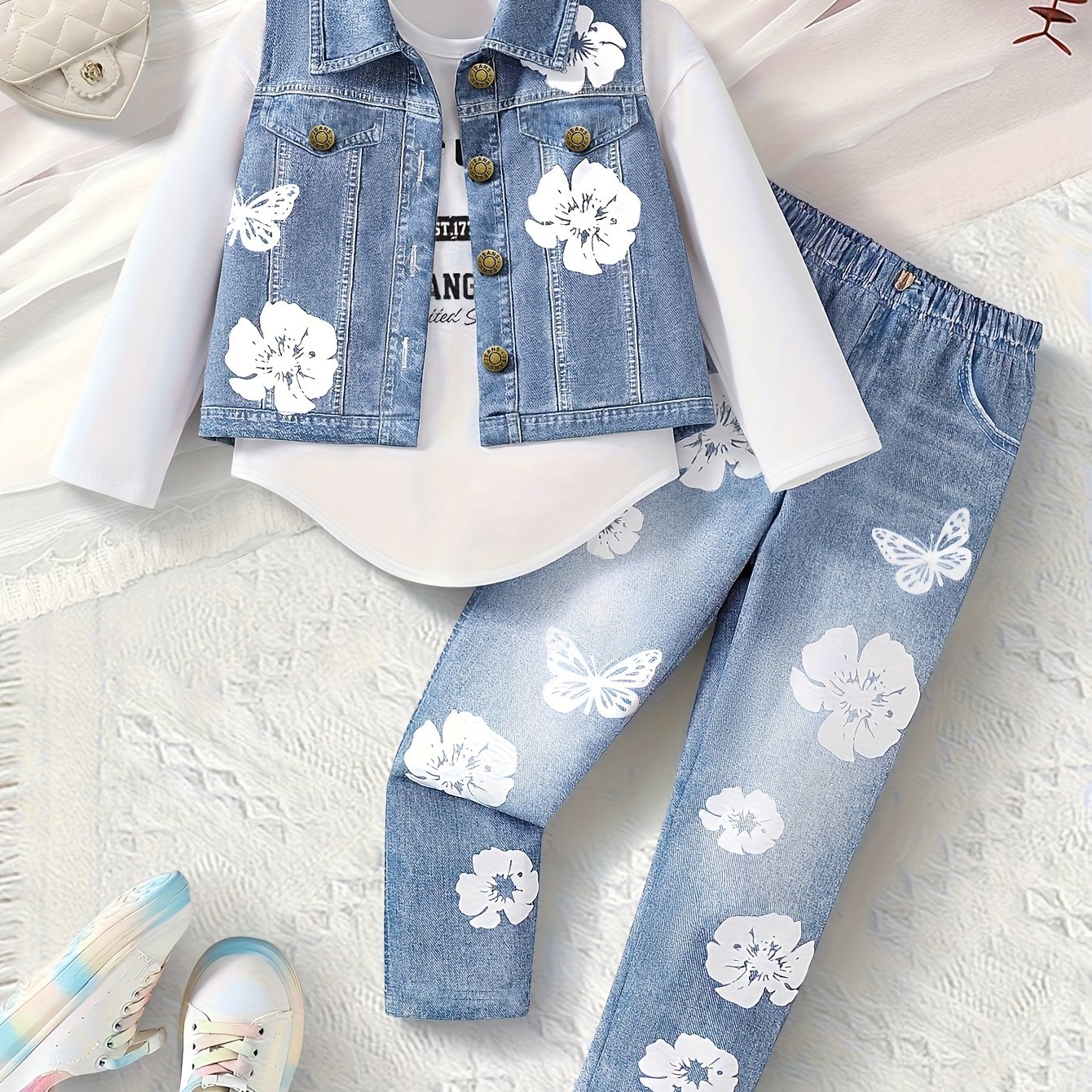 Image of Girls' Spring/summer/autumn , Round Neck Long Sleeve Inner And Vest And Loose Wide-leg Pants, Back-to- 3pcs Set, For Outdoor, Christmas, Halloween