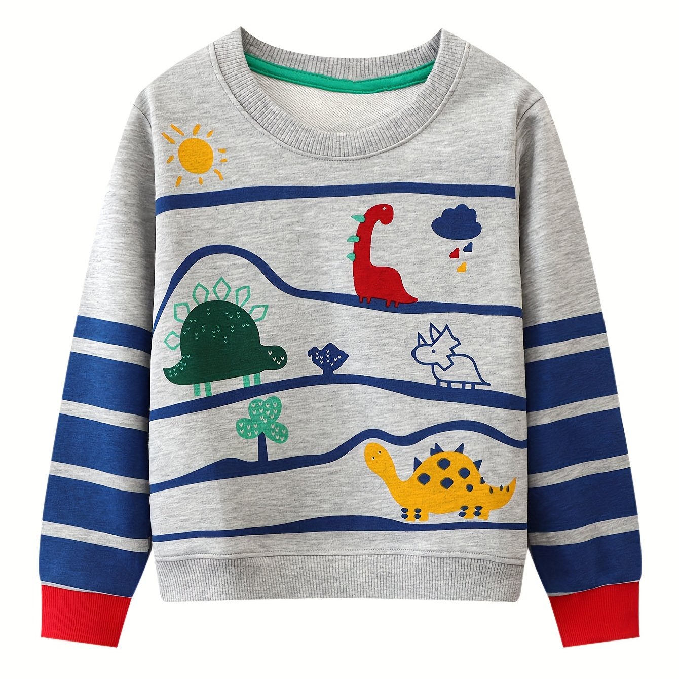 Autumn Style Boys' Long Sleeve Sweatshirt, Fleece Soft Cartoon Dinosaur Striped Casual Base Layer