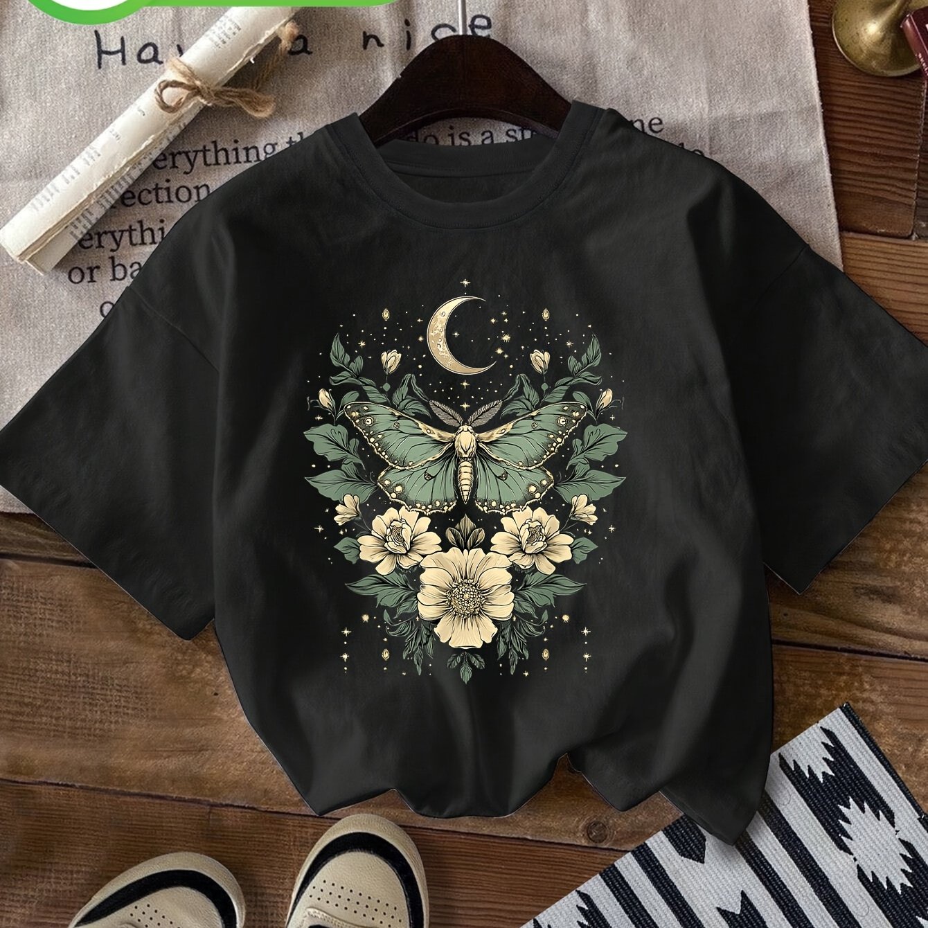 Women's Casual Short Sleeve Crew Neck T-shirt - Moth & Floral Print With & Stars,, Relaxed Fit, Machine Washable, Top, Breathable Clothing, Natureinspired Print, Comfortable Fabric