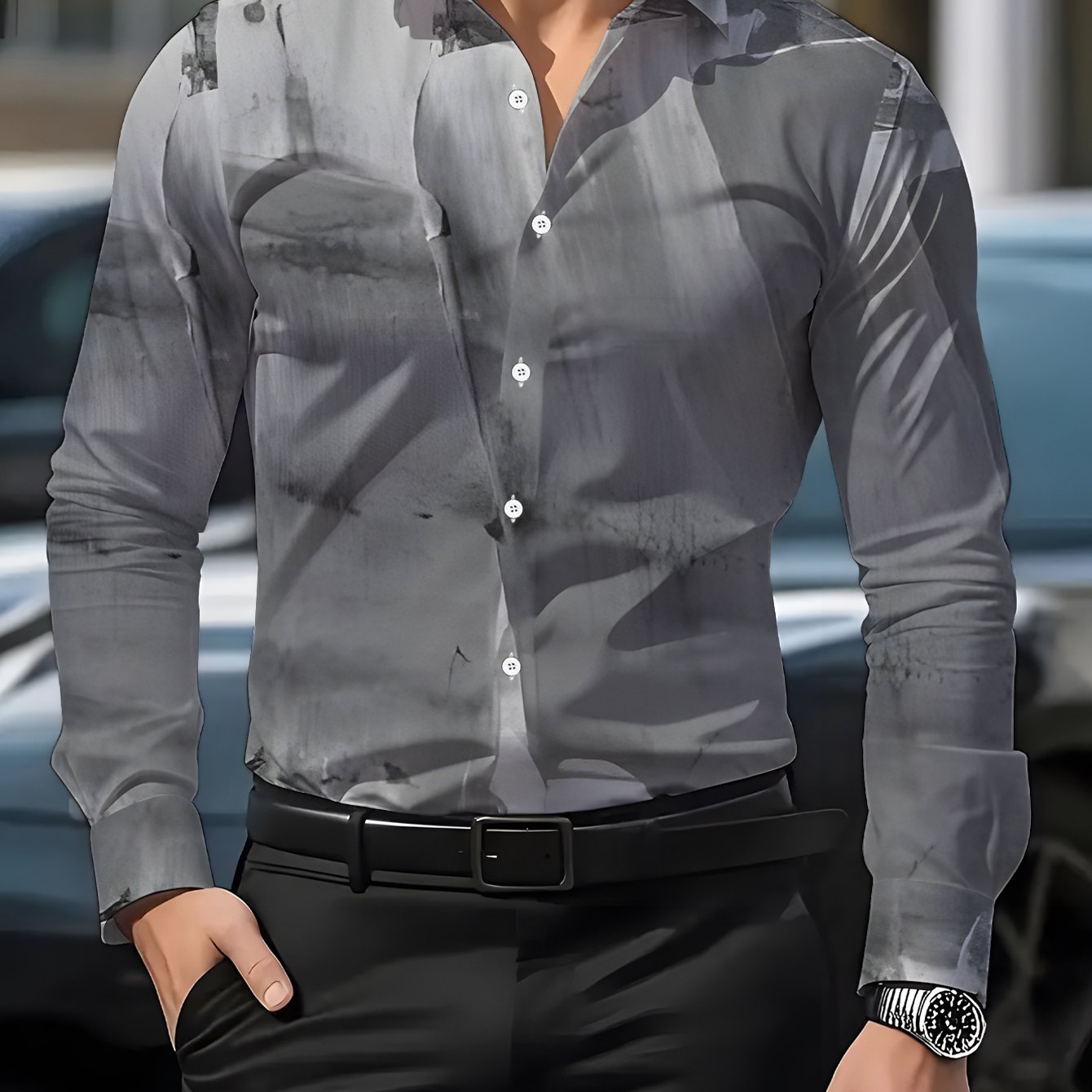 TEMU Men's Long Sleeve Abstract Print Shirt, Style Pattern, Black And White Tones, 3d Casual Shirt, Soft, Comfortable, Skin-friendly And Delicate,