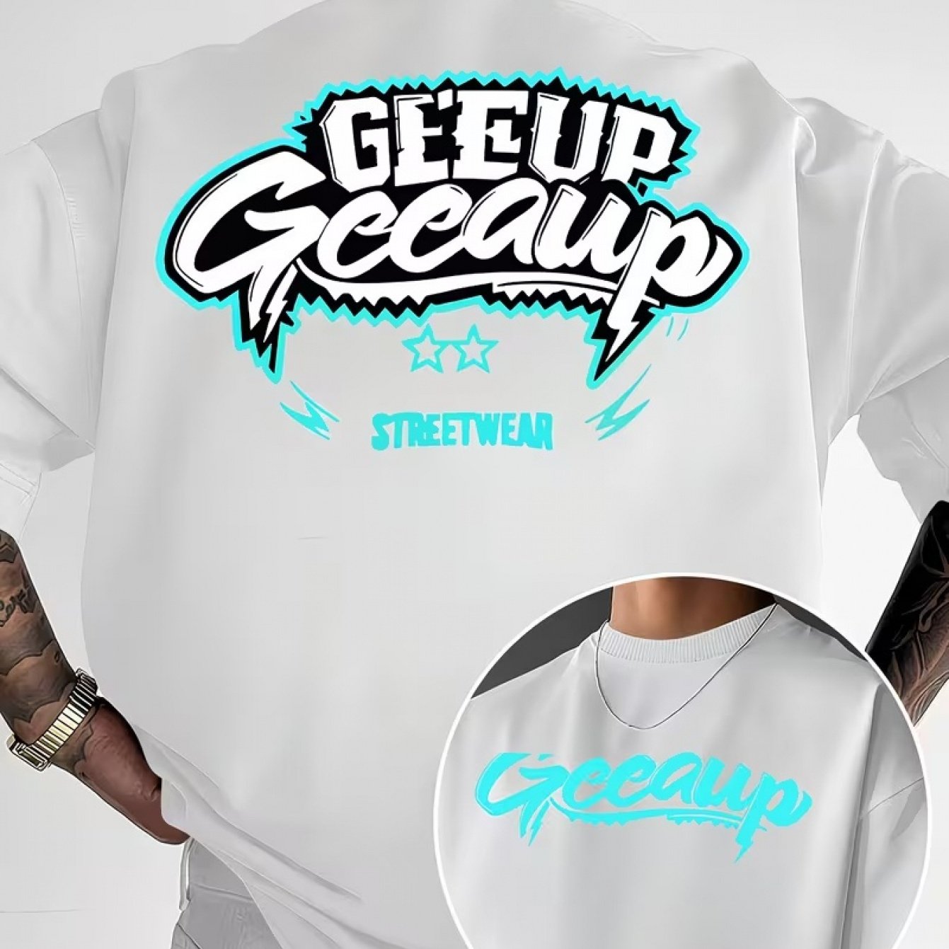 TEMU Men's Neon Fluorescent Greer Letter T-shirt - Short-sleeve Round Neck Streetwear Top With Fluorescent Print, Soft Breathable Polyester Knit