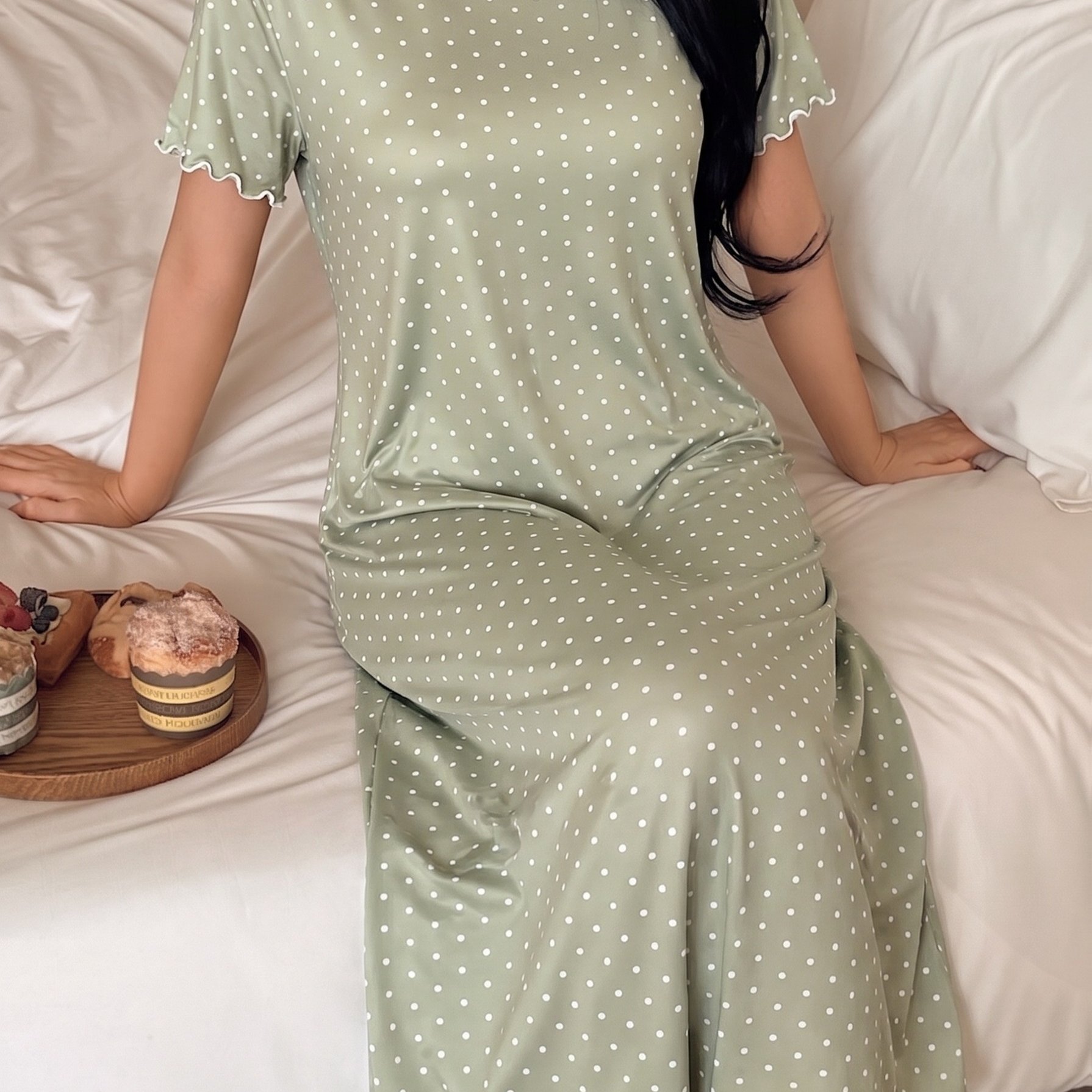 TEMU Round Neck Polka Dot Lettuce Trim Nightdress Long Dress
