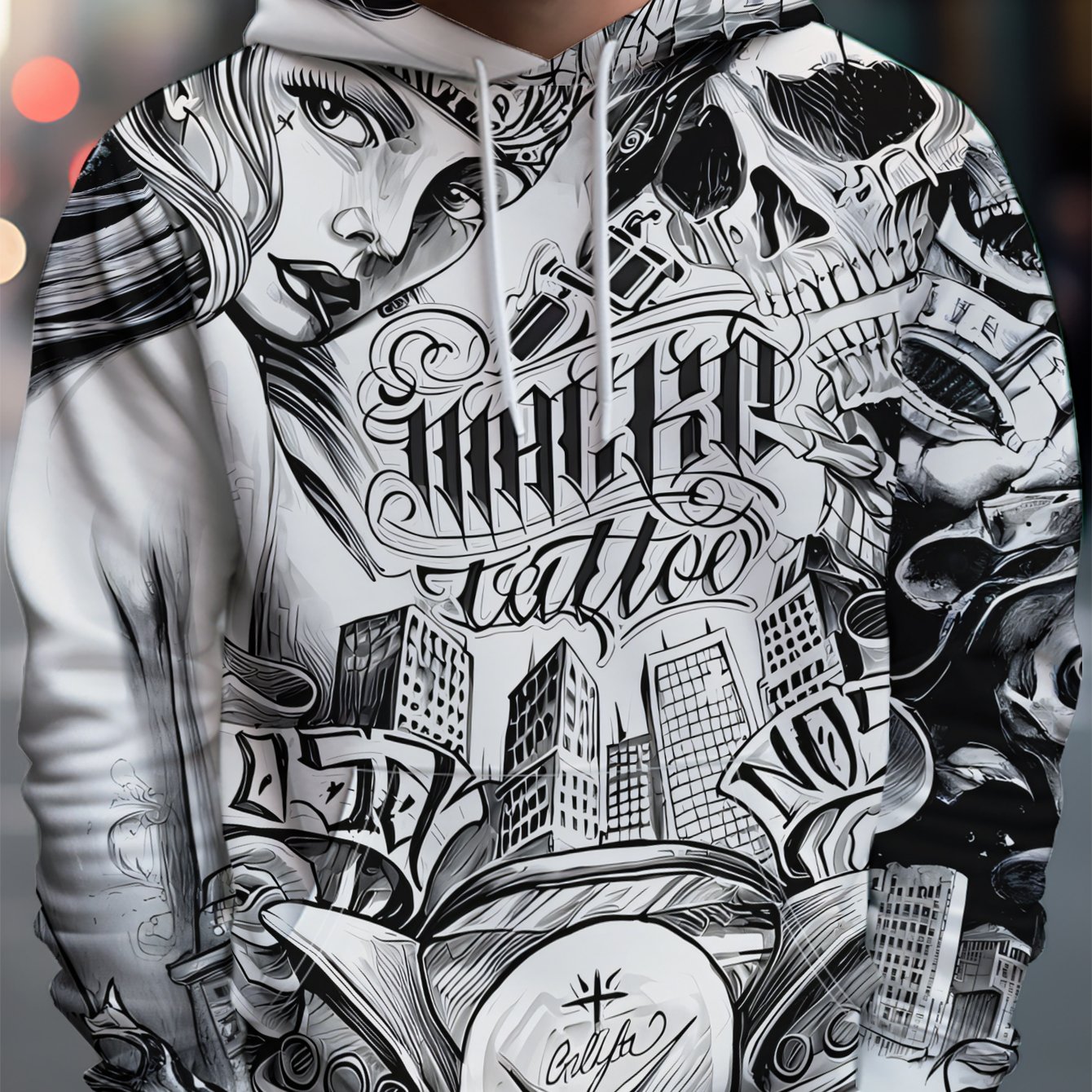 TEMU Men's Individual Style Hooded Sweatshirt, Black And White Hand-painted Style With Female Skull Tattoo - Full Streetwear Aesthetic, Rich And
