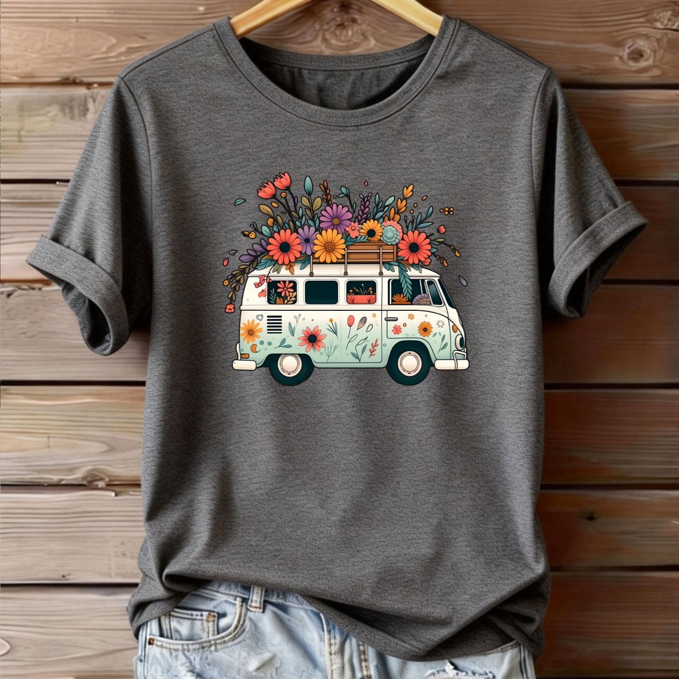 E-shop 1 Stück Damen Plus Size Vintage Bus voller Blumen & Naturdruck Kurzarm T-Shirt - Rundhals Casual Bluse, Bequemes Oberteil für lässige Outfits,