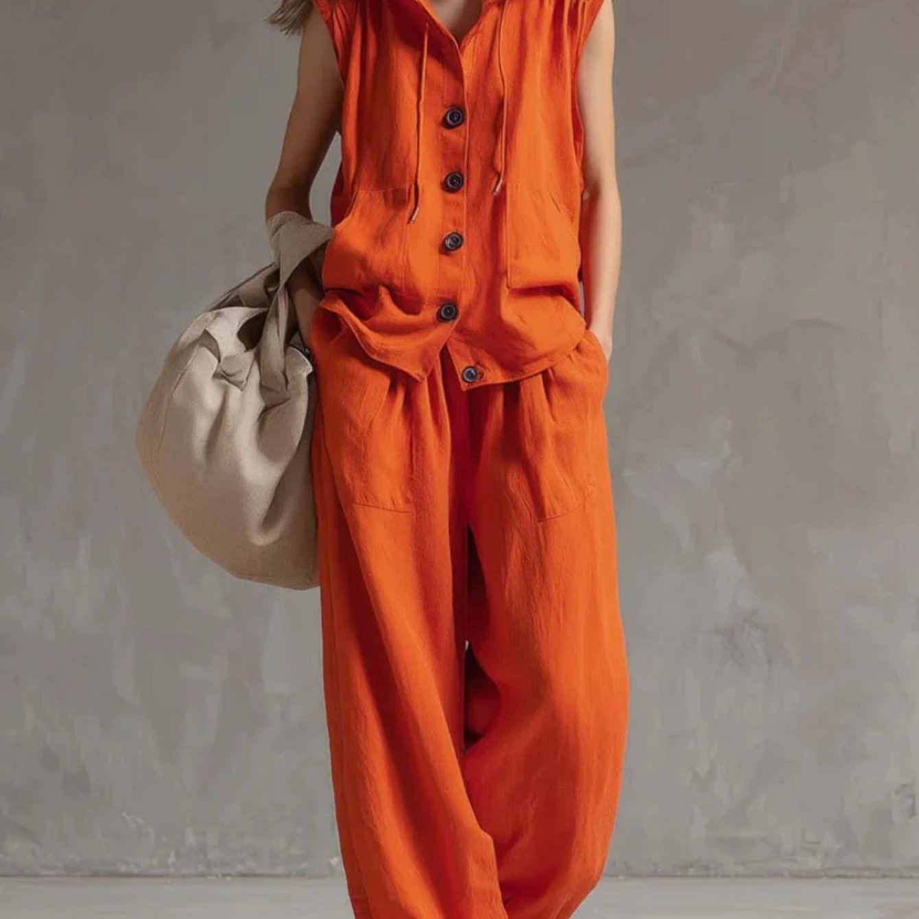 TEMU 2026 Summer New Utility Casual Casual Streetwear 2pcs Set Hooded Sleeveless Button Vest Top And High Waist Loose Wide Leg Pants Trendy Vacation