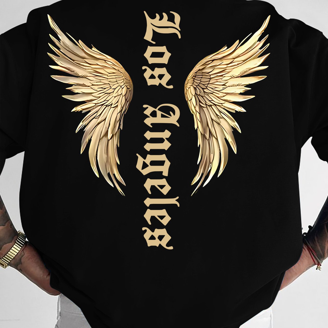 TEMU Men's American-style Trendy Streetwear T-shirt Featuring A Delicate Small Golden Wing Print On The Shoulders, With A Large Golden Wing And "los