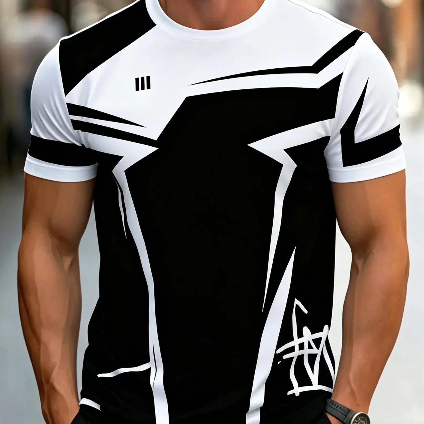 TEMU Men's Black & Block T-shirt - Short Sleeve Crew Neck Geometric Print Tee Suitable For Casual Streetwear, /, Gym & Daily Wear - Machine Washable