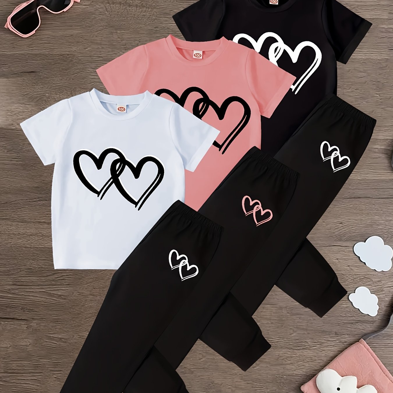 [3 Sets] Girls' Long Pants Set Heart Print Short Sleeve T-shirt And Solid Color Athletic Long Pants Casual Fashion Comfortable Kids' Outfit, For Outdoor