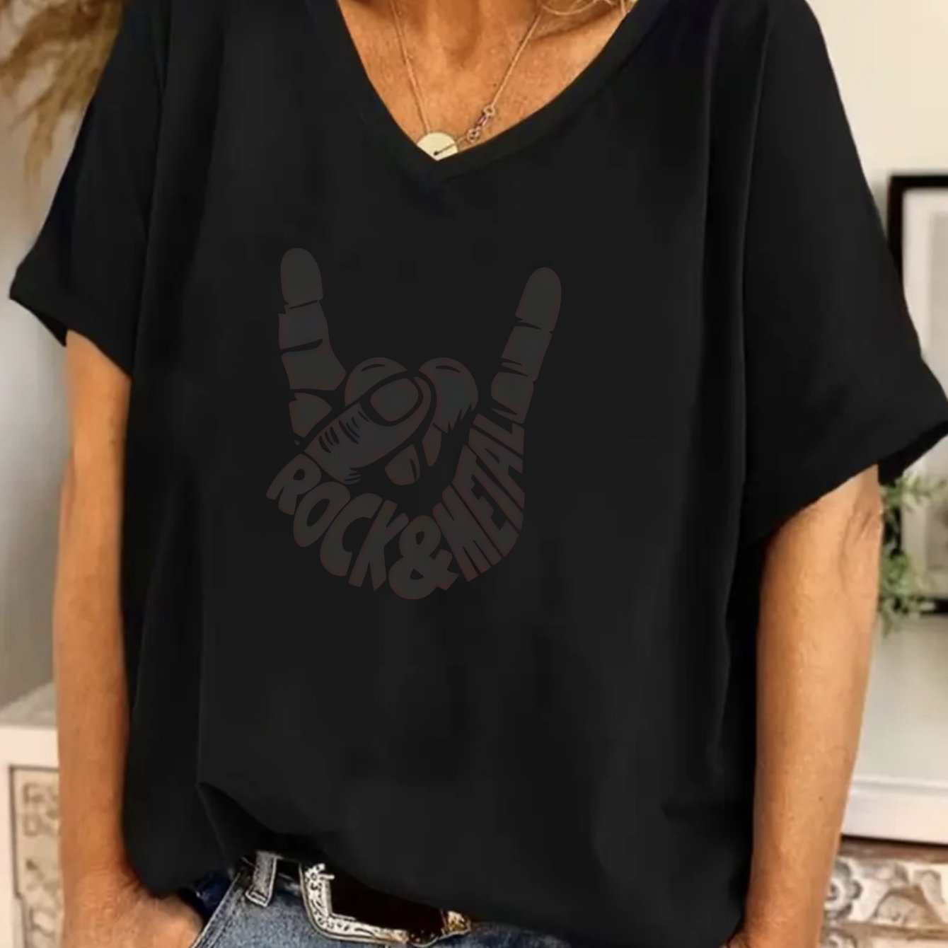 TEMU Women's V-neck Black Loose Short Sleeve T-shirt With Rock Hand Gesture& "rock& Metal" Print, Cool Music Style Summer Top