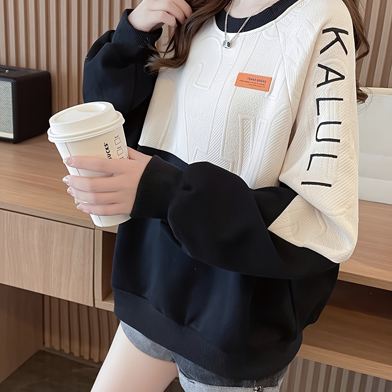 TEMU Spring/autumn New Contrast Round Neck Textured Appliqué Letter Embroidered Sweatshirt Women's