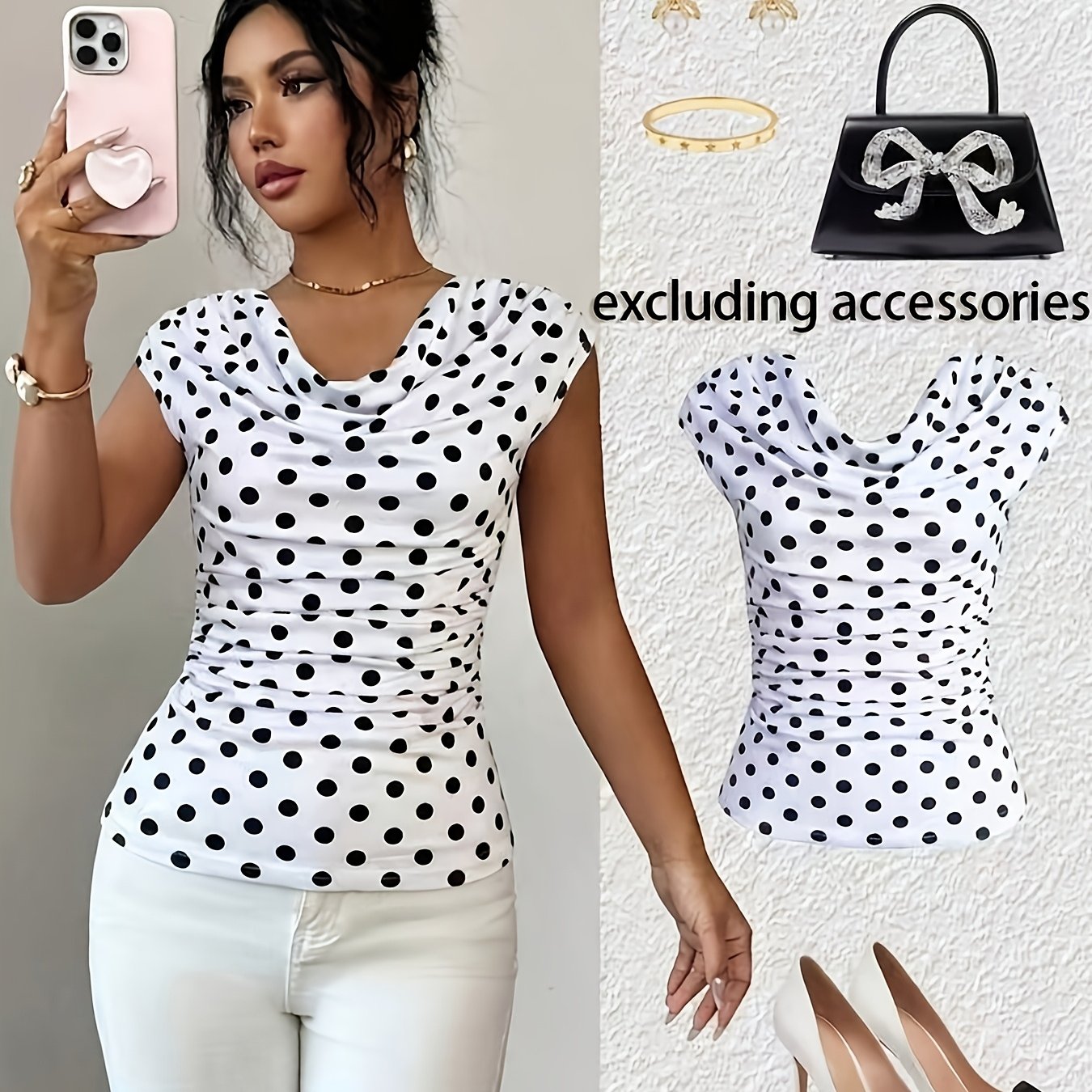 TEMU Vintage Peplum Polka Dot Short-sleeve Top, Elegant Slim-fit Flattering Ruched Versatile Commuter Top, Suitable For Dates, Parties, Gatherings,