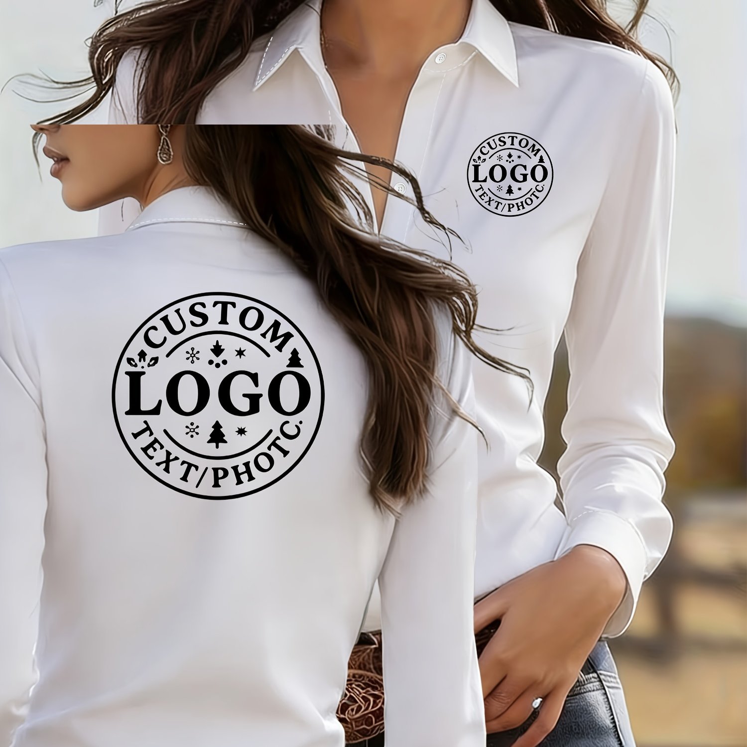 TEMU Camicia personalizzata da donna gamma, stampa logo fronte e retro, camicia a maniche lunghe