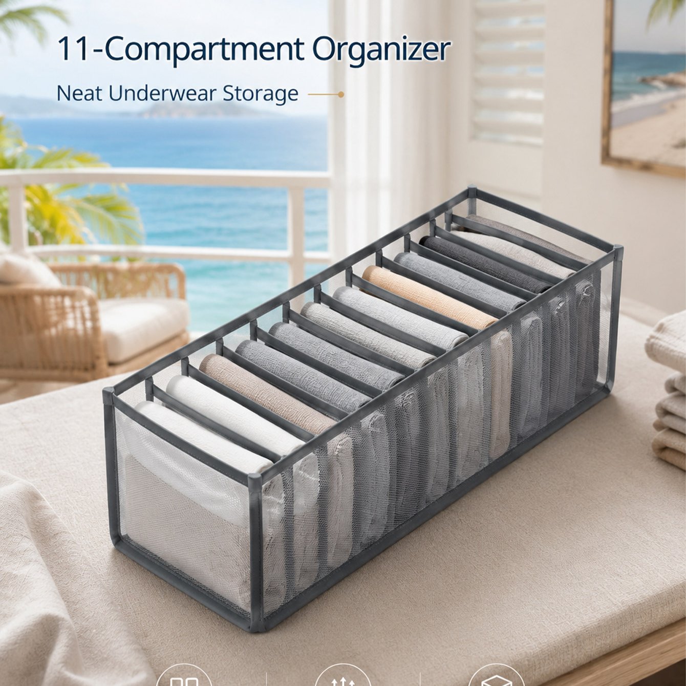 TEMU Gray 11-compartment Underwear Storage Box, Large-capacity Foldable Mesh Storage Box, Regular Underwear, Bras, Socks And Other Small Clothing, ,