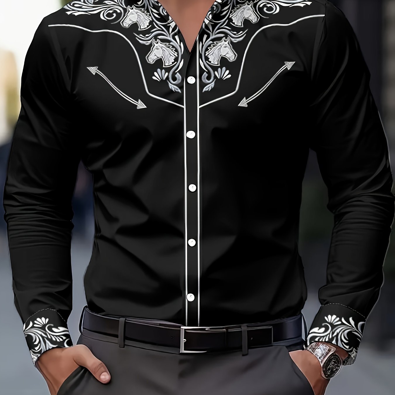 TEMU Men's Fashion Printed Shirt Denim Style Fashion Floral Animal Print Men's Casual Button Long Sleeve Shirt, Spring, Summer And Fall Men's Wear,