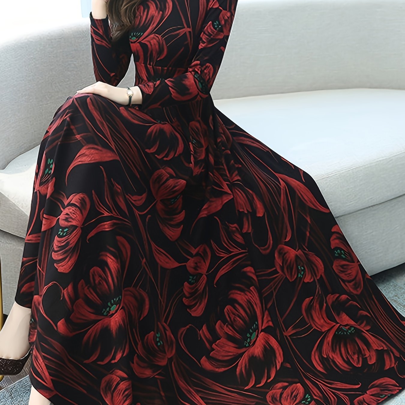 Red floral print maxi dress with ruched waist A line silhouette model wearing dress
