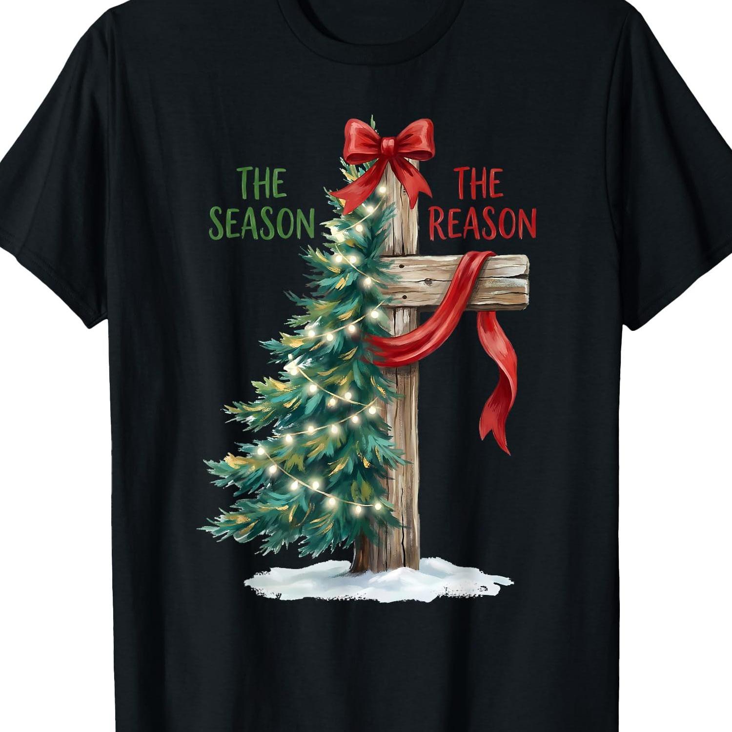 TEMU Christmas Tree Cross Xmas T-shirt | Graphic Print Christmas 220gsm Round Neck Short Sleeve Casual Men's T-shirt, Mens Gifts Ideas