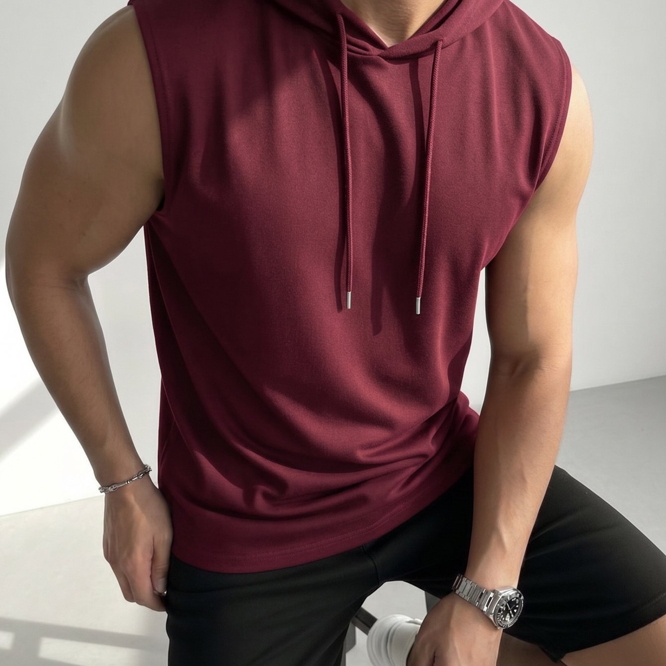 TEMU Hooded Sleeveless Vest - Urban Athleisure Techwear Style Men's Hooded Sleeveless Top With Drawstring, Easy Loose Fit For Relaxed Sporty Look,