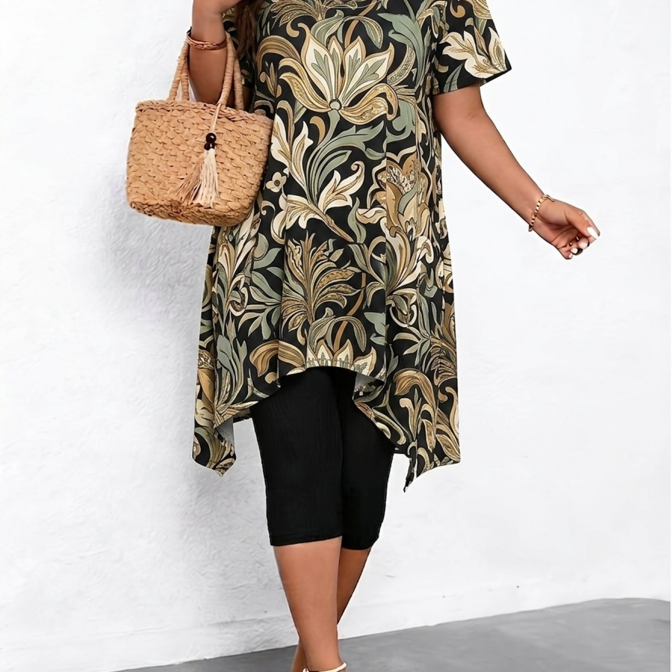 TEMU Plus Size - Western Style Vintage Baroque Print T-shirt Women's Summer -neck Loose Short Sleeve Top