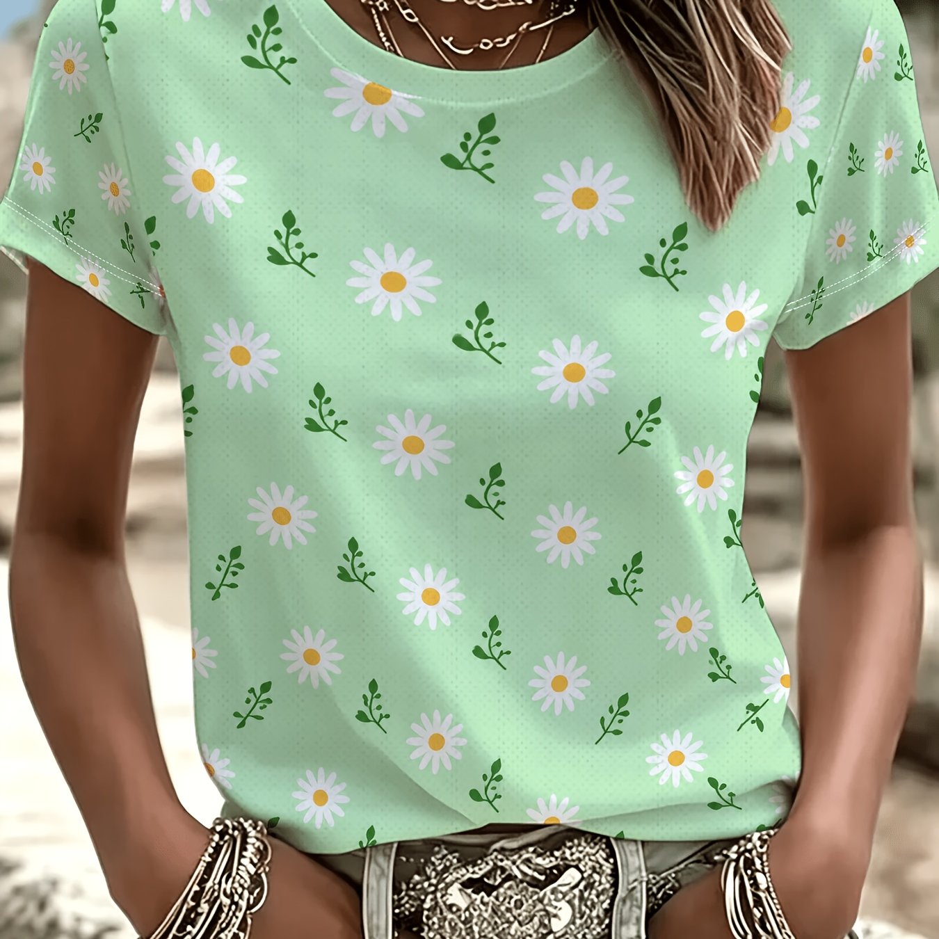 TEMU [printed Design - Not Textured] Green Daisy Printed Short Sleeve T-shirt, Women's Loose Casual Crew Neck Fashion Summer Top