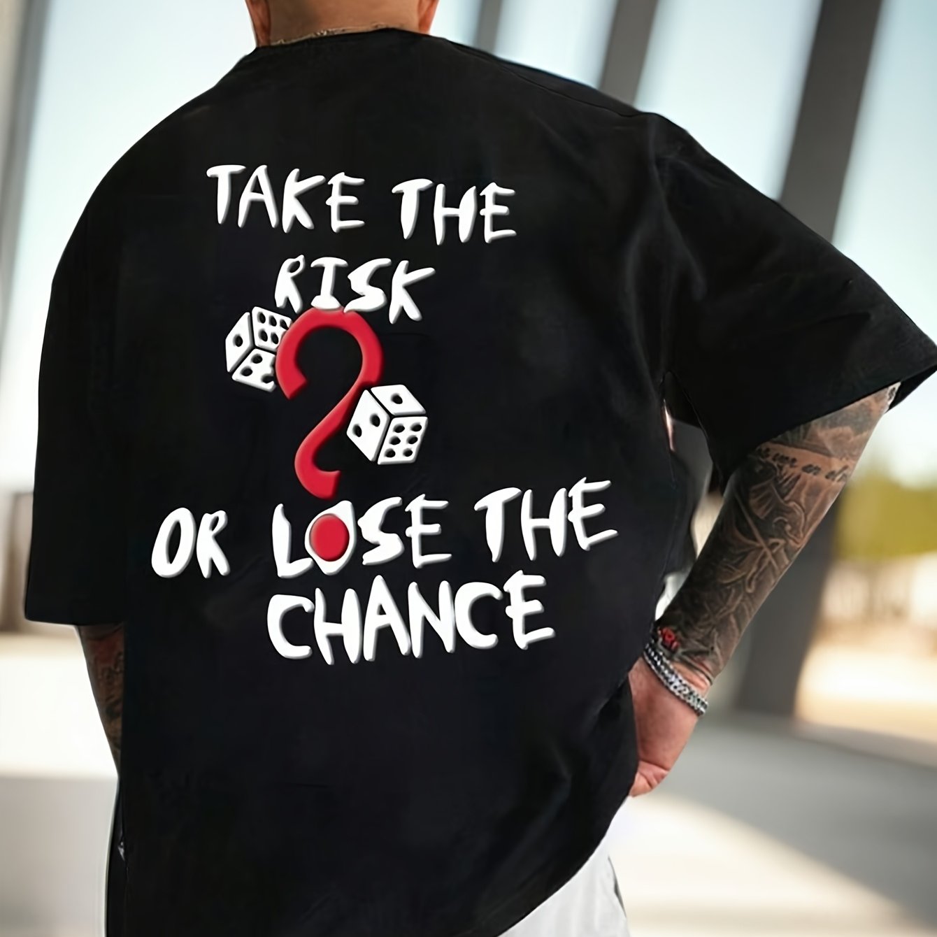 TEMU Casual Men's T-shirt, , Loose-fitting, Stylish, Simple With Letter And Dice Print, Short Sleeves.