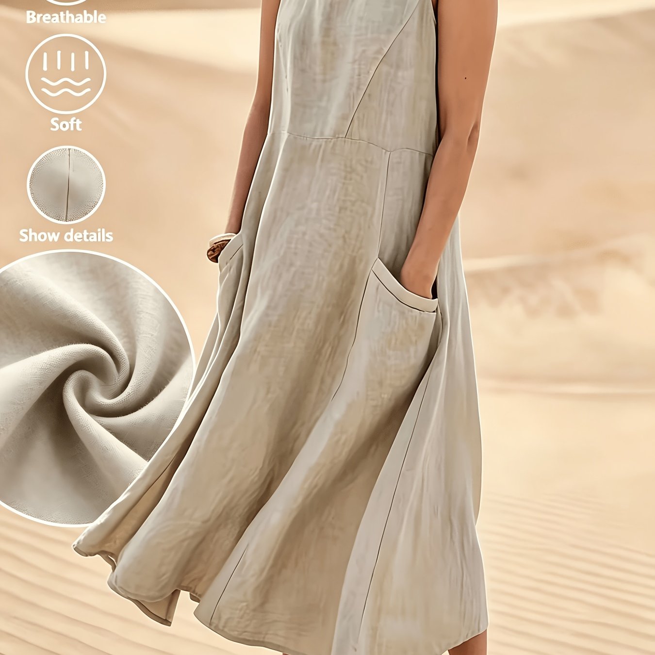 TEMU Plus Size, Women's Plus Size Solid Color Pocket Dress, 2026 Summer Sleeveless Dress, V-neck Loose Maxi Dress, Boho Long Dress, Vacation Dress,