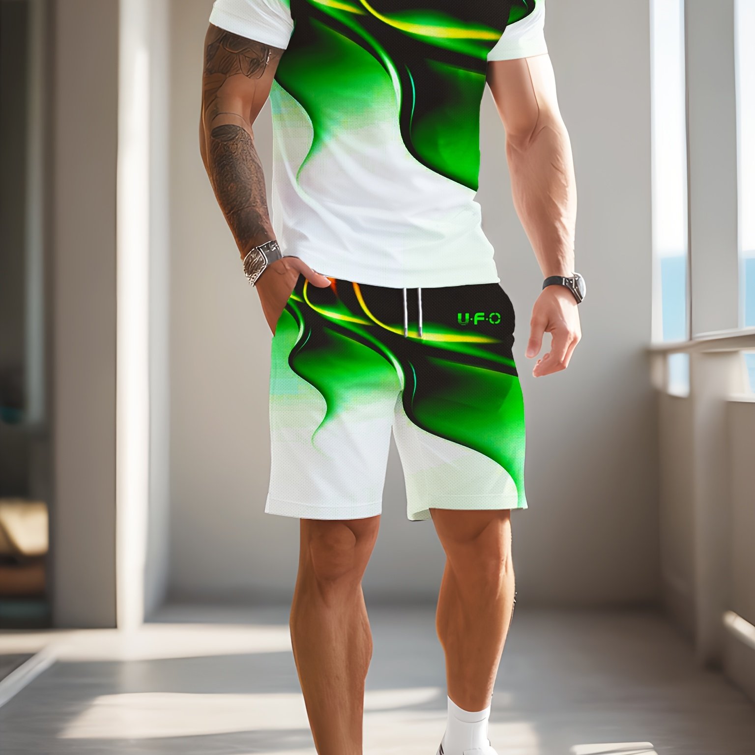 Image of Stylish Men's Summer 3d Green Gradient Print T-shirt, Fashionable Comfortable Crew Neck Short Sleeve & Shorts Set, Casual Lash Sets, Regular Fit, Summer Season, All , Stretch Fabric