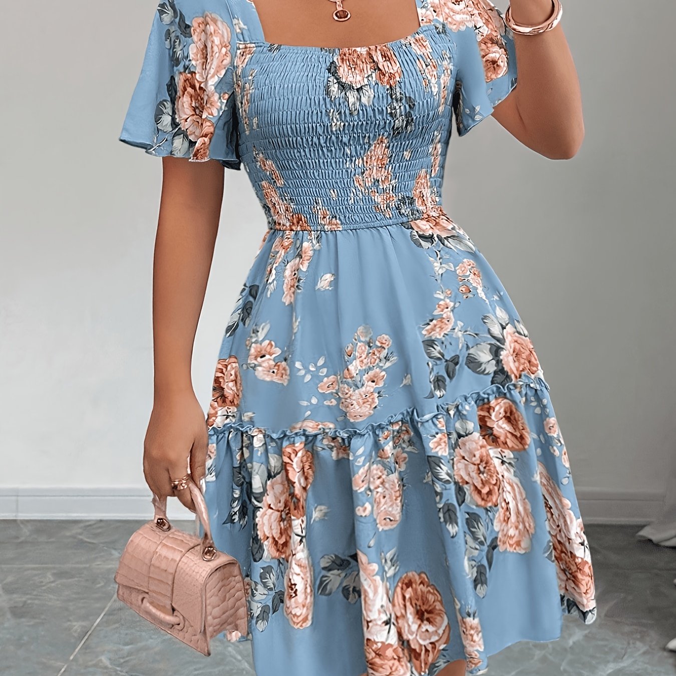 TEMU Fashionable And Elegant Short Floral Print Drawstring Dress For Women 624
