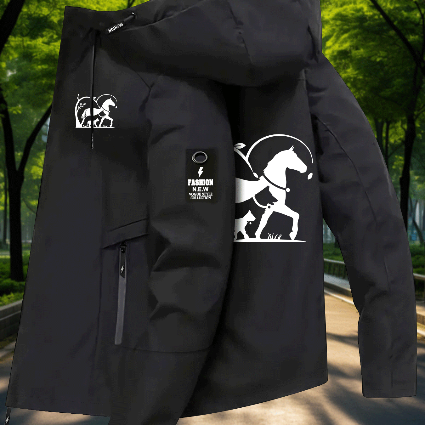 TEMU Horse And Puppy Silhouette Printed Thin Windbreaker For Women, Outdoor Loose Fashion Jacket