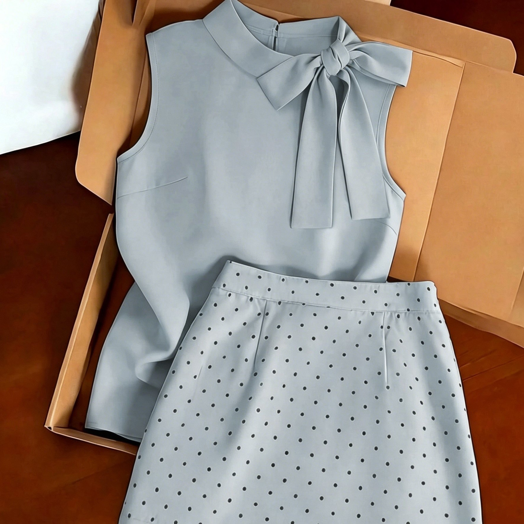 TEMU Light Gray Commuting Set Featuring A Sleeveless High-neck Top With A Polka-dot Mini Skirt. The Simple, Slim-fit Cut The Waistline. The Fabric Is