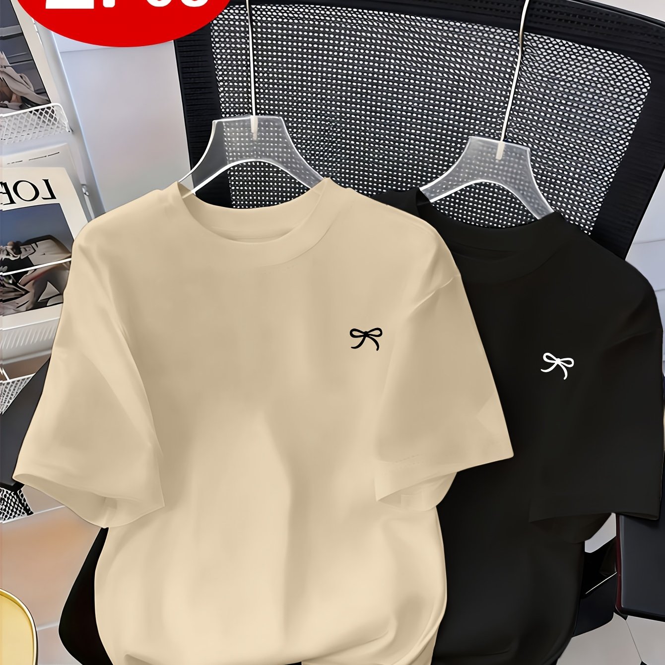 TEMU Spring/summer New Arrival Fashionable And Round Neck Two-pack Women's Everyday Versatile Casual And Comfortable Short-sleeve T-shirt With Bow
