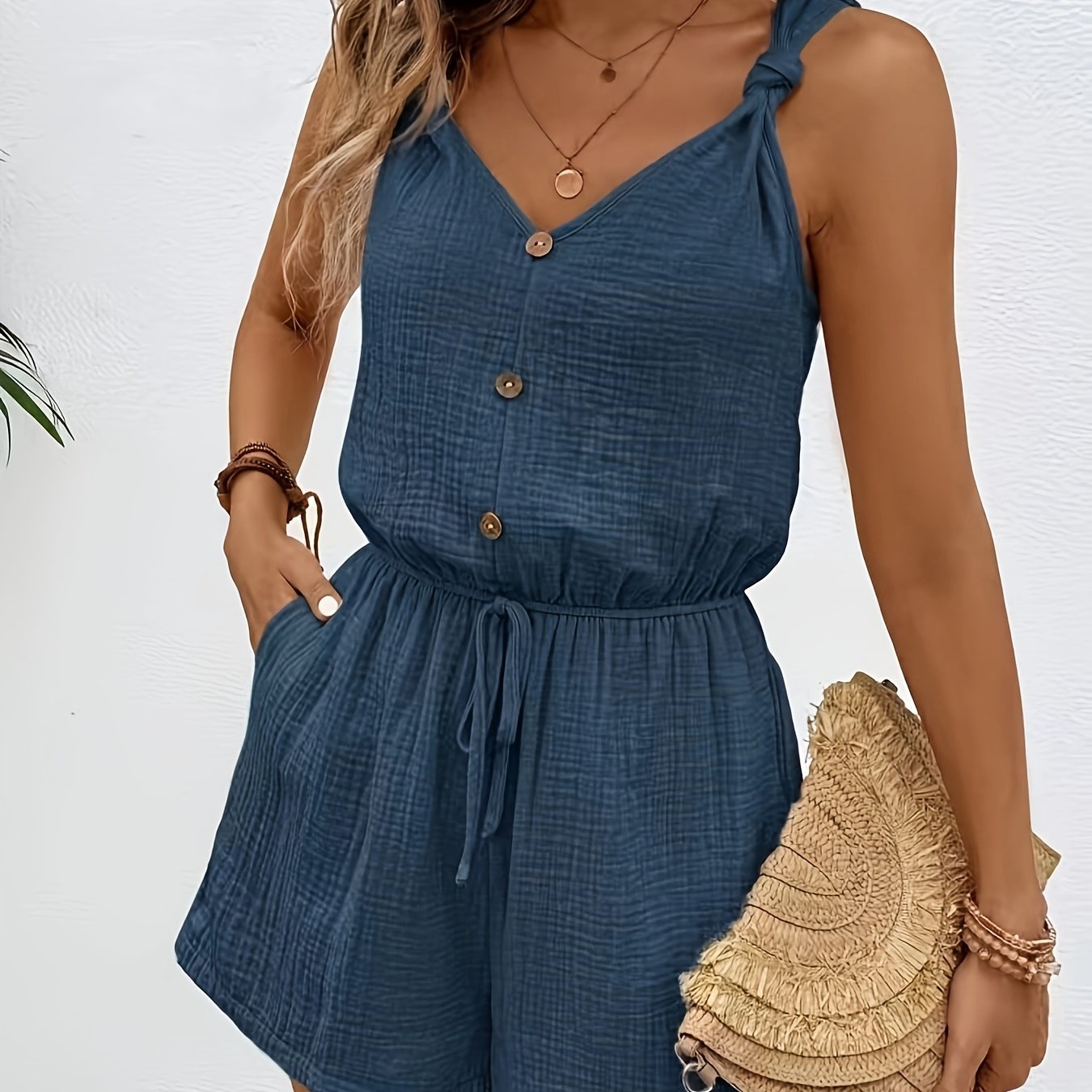 TEMU Women's Textured Button Decor Elastic Waist Summer Simple Casual Jumpsuit Shorts, Comfortable Romper
