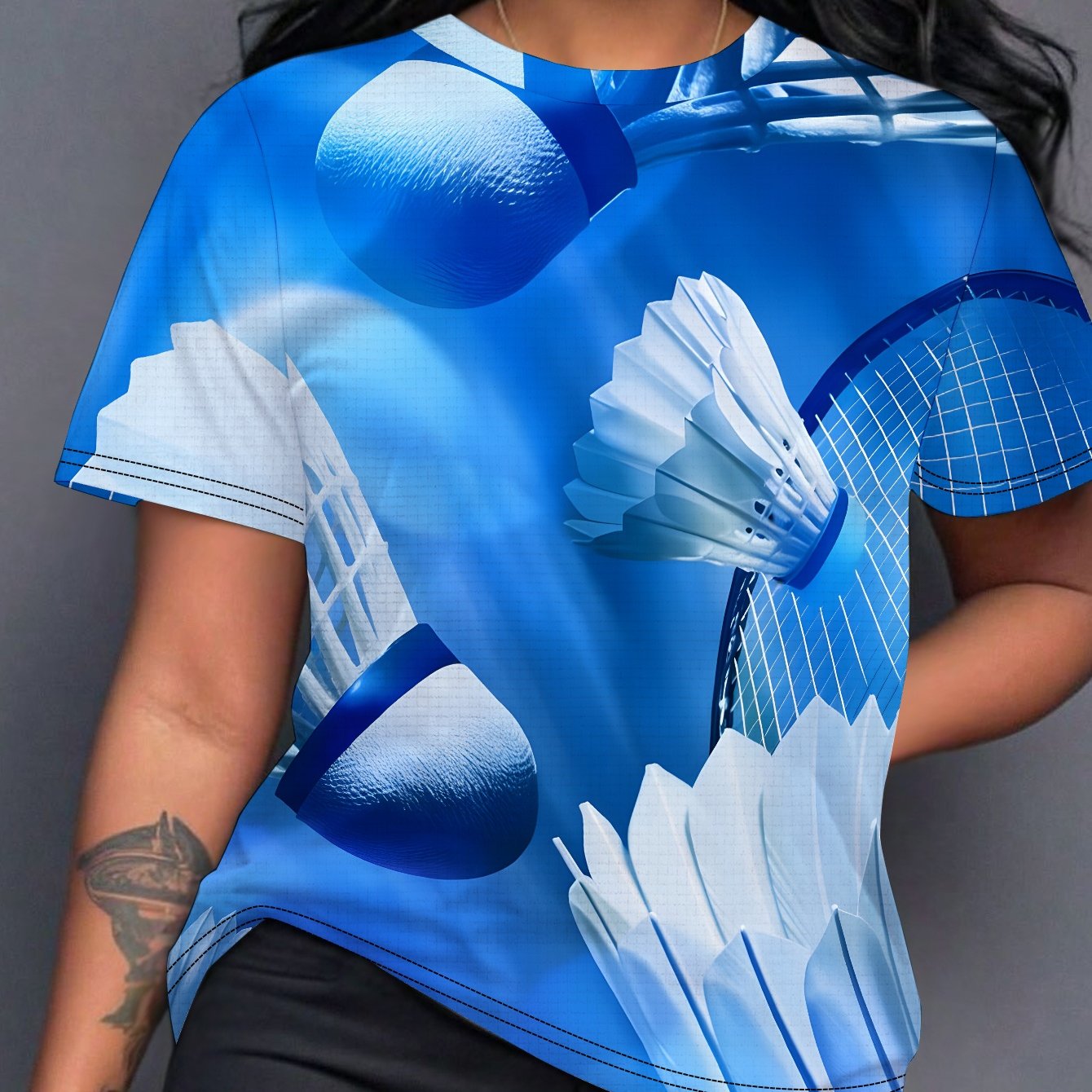 TEMU Pattern Dynamic Badminton Action Summer Coded Women's Short-sleeved Printed T-shirt With Full Printing