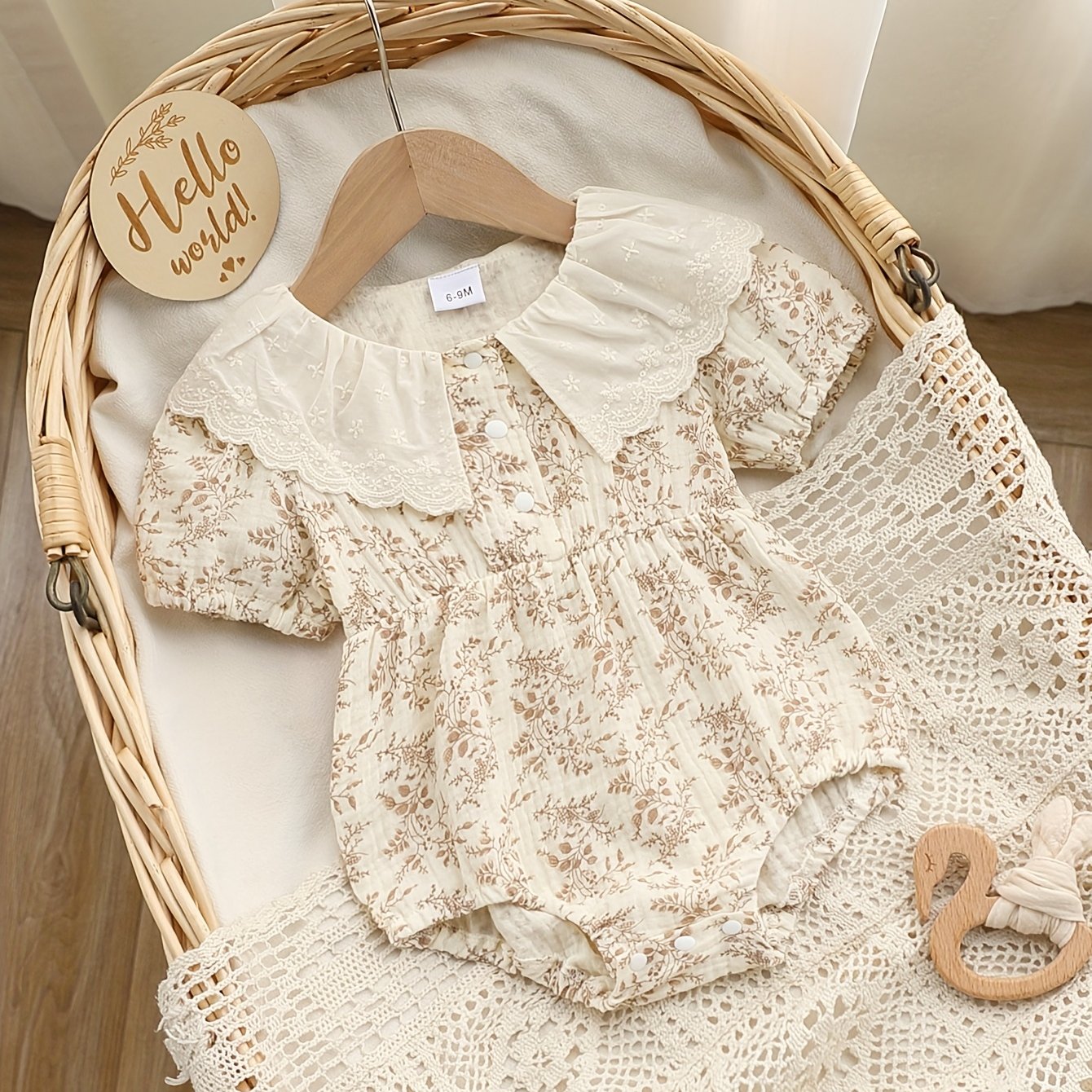 Image of Baby Girl Cute Woven Print Crepe Lace Neckline Shirred Front Opening Waist Short-sleeved Triangle Romper, Summer, For Outdoor