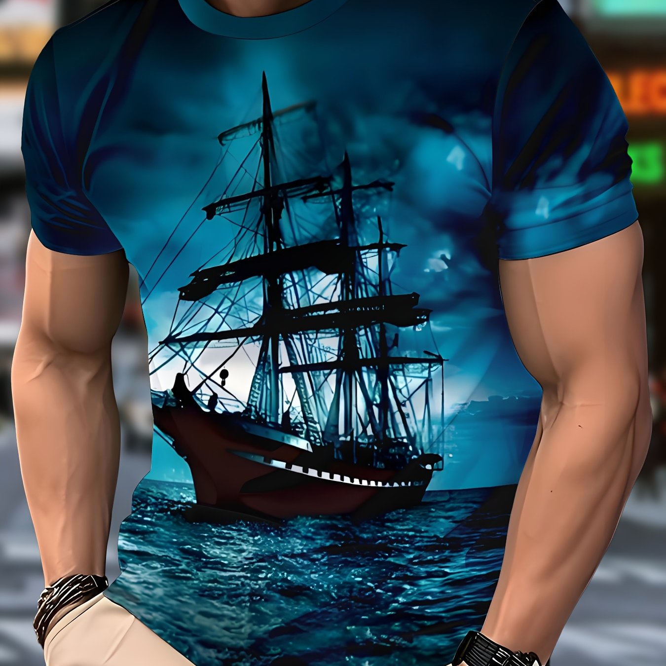 E-shop Herren Freizeit Rundhals T-Shirt mit Vintage Segelboot Design - Marineblau, Kurzarm, Polyester, Regular Fit, Casual Attire|Nautical