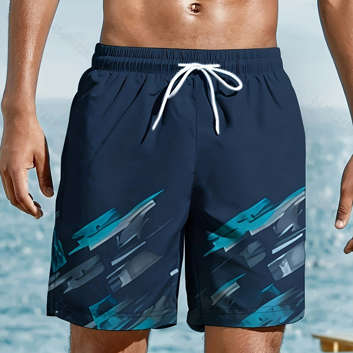 TEMU Pantaloncini da spiaggia da con motivo geometrico - Blu accenti verde acqua, Pantaloncini da bagno, Adatti per piscina, e abbigliamento casual,