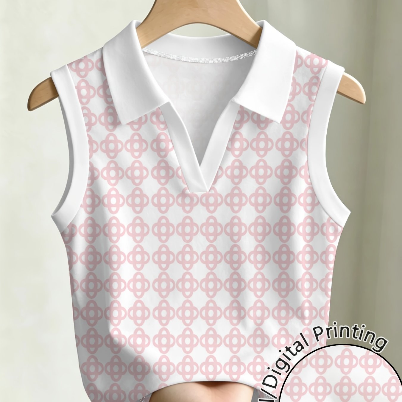 TEMU Women's Fashionable Printed Sleeveless Shirt Simple Geometric Pattern Breathable And Comfortable Versatile Casual Top Summer Design Slim Fit
