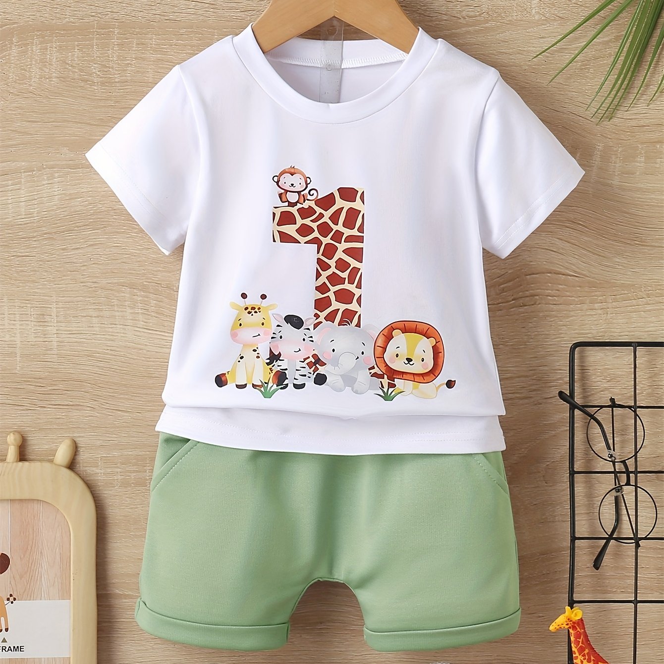 Image of Baby Boy Cartoon Animal Print Short Sleeve Round Neck T-shirt And Elastic Waist Pocket Shorts Sports Outfit, For Outdoor