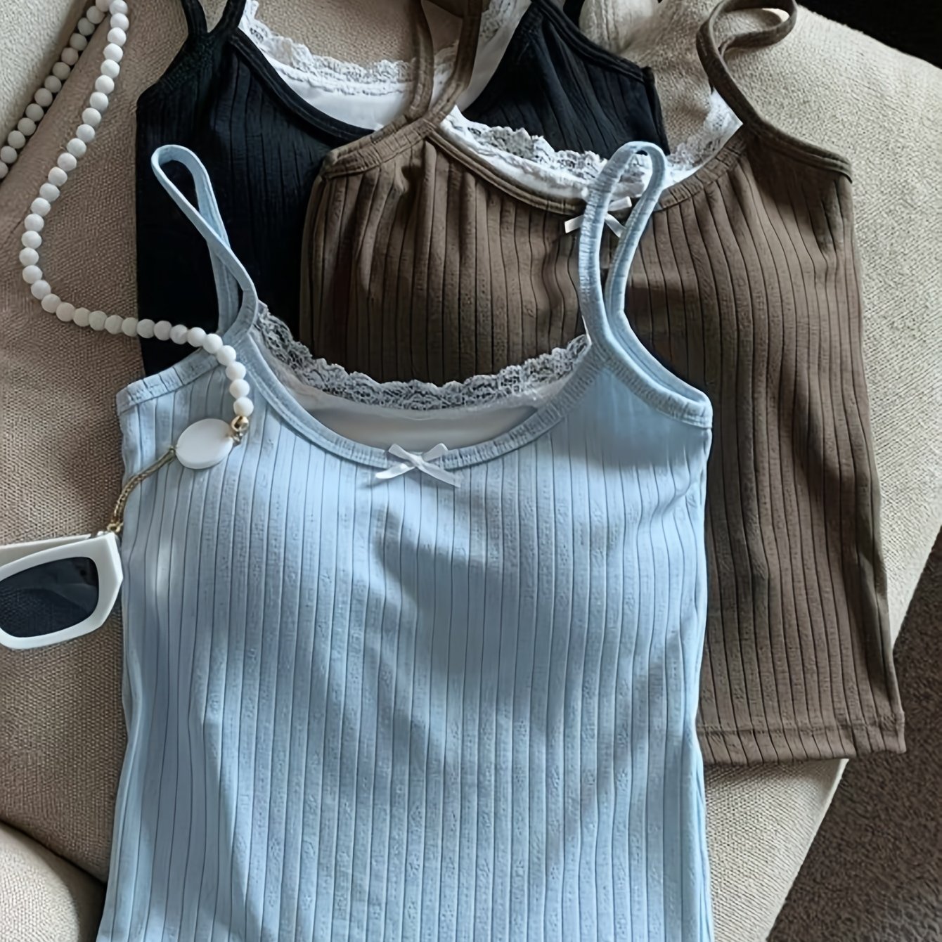 E-shop 3er-Pack Spitzenärmellose Camisole Tops, figurbetontes Top mit Brustpolster, Spitzen-Schleife Teenager-Top, für Teenager, für Teenager
