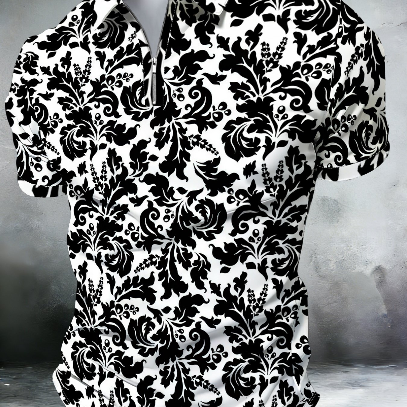 TEMU Men's Print Zip Shirt Trendy Plant Vine Pattern Lapel Short Sleeve T-shirt Summer Casual Breathable Top