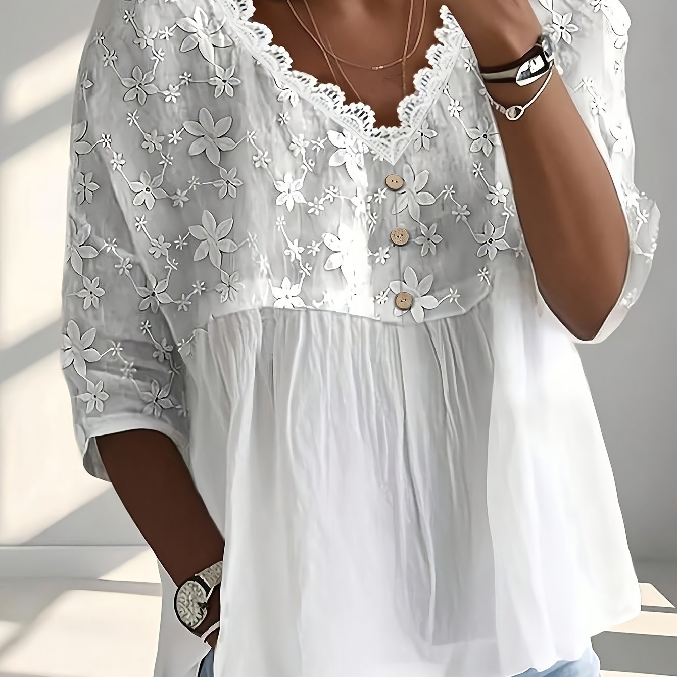 TEMU Elegant Special Women's Elegant Lace V-neck Embroidered Mid-sleeve Loose Fit Casual Shirt, Suitable For Daily Commuting, Dating, And Leisure