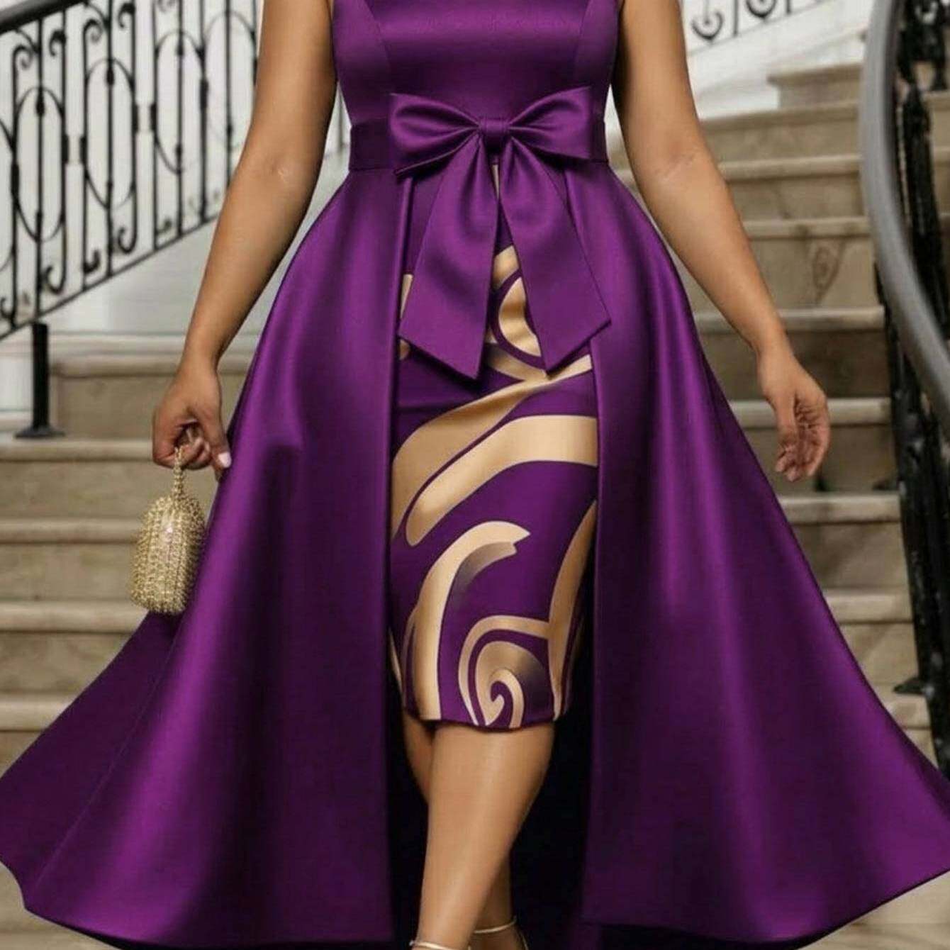 TEMU Plus Size - Plus Size - Plus Size Women's Spring-summer Sleeveless Stand-collar Decorated Waist-cinched Asymmetrical-hem Dress | Exquisite